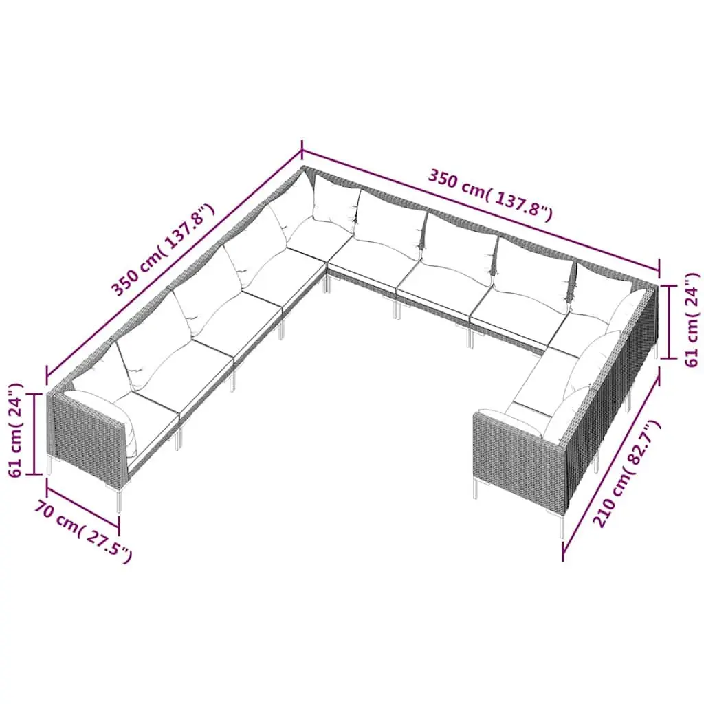 Garden Lounge Set 11 Piece Poly Rattan Grey Outdoor Furniture Patio Sofa with