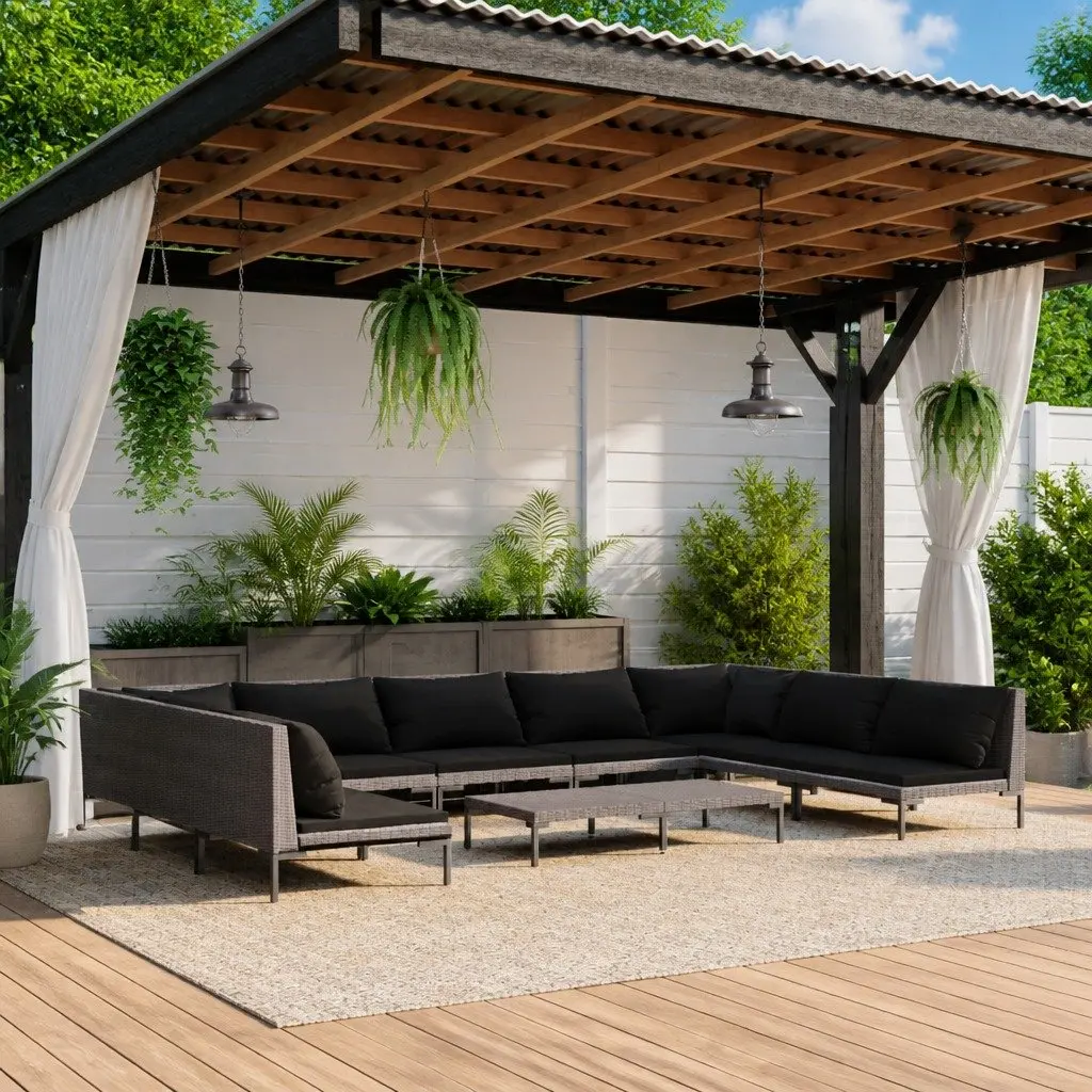 Garden Lounge Set Grey 10 Piece Outdoor Furniture with Cushions Poly Rattan