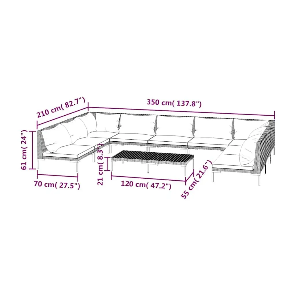 Garden Lounge Set Grey 10 Piece Outdoor Furniture with Cushions Poly Rattan