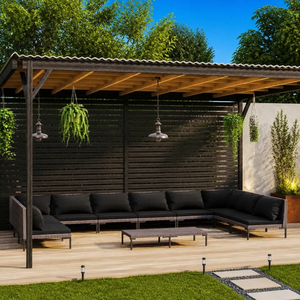 Garden Lounge Set 11 Piece Outdoor Furniture Grey Poly Rattan with Cushions