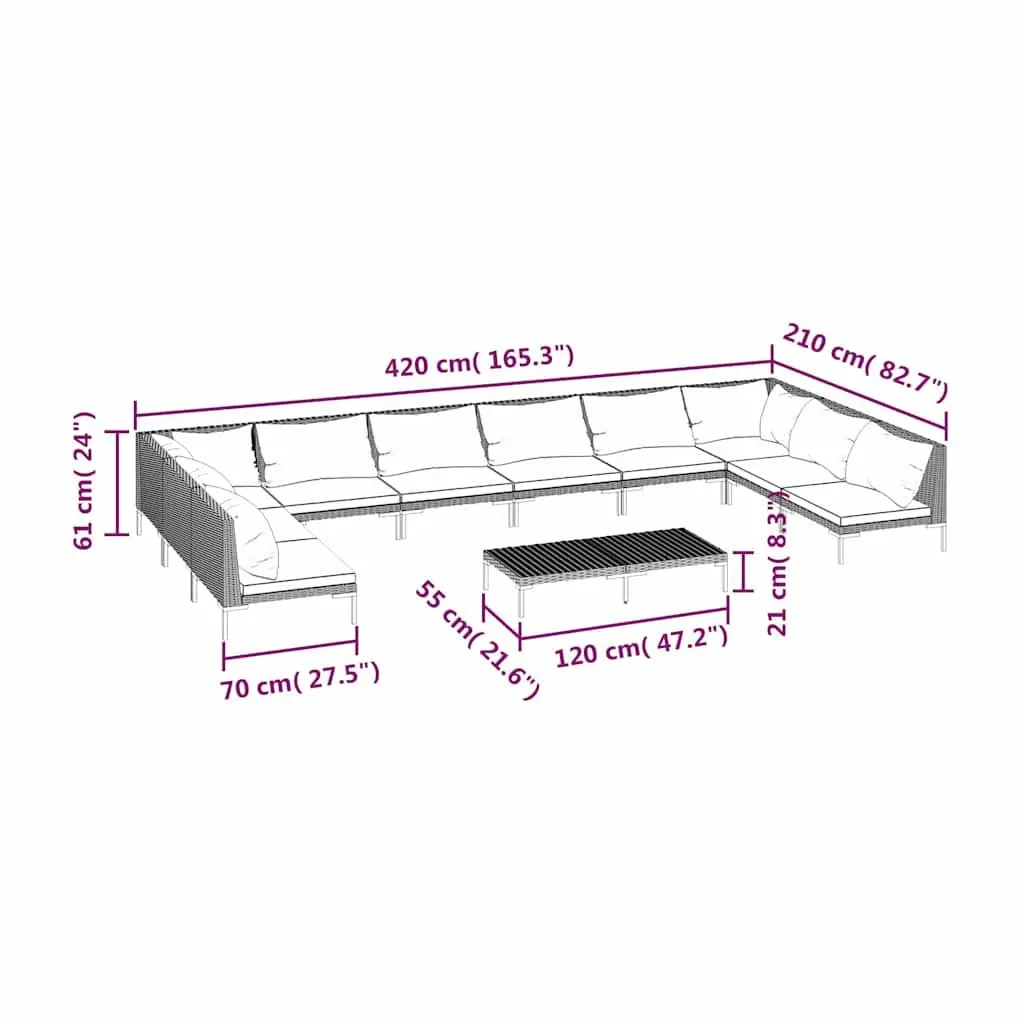 Garden Lounge Set 11 Piece Outdoor Furniture Grey Poly Rattan with Cushions