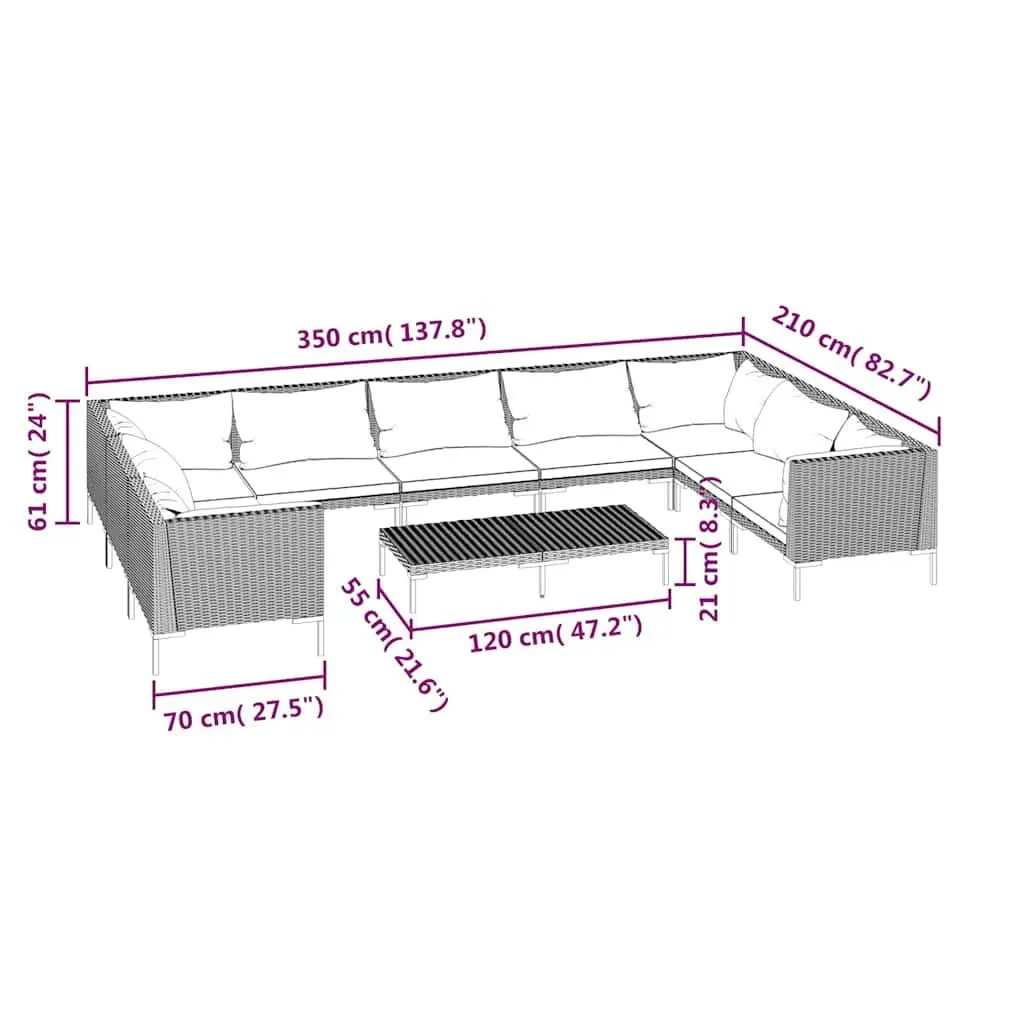 Garden Lounge Set 10 Piece Outdoor Patio Furniture with Cushions Grey Rattan