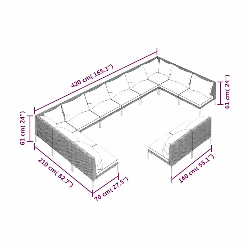 Garden Lounge Set Grey 12 Piece Outdoor Patio Furniture with Powder-Coated Steel Frame and Half-Round PE Rattan Construction