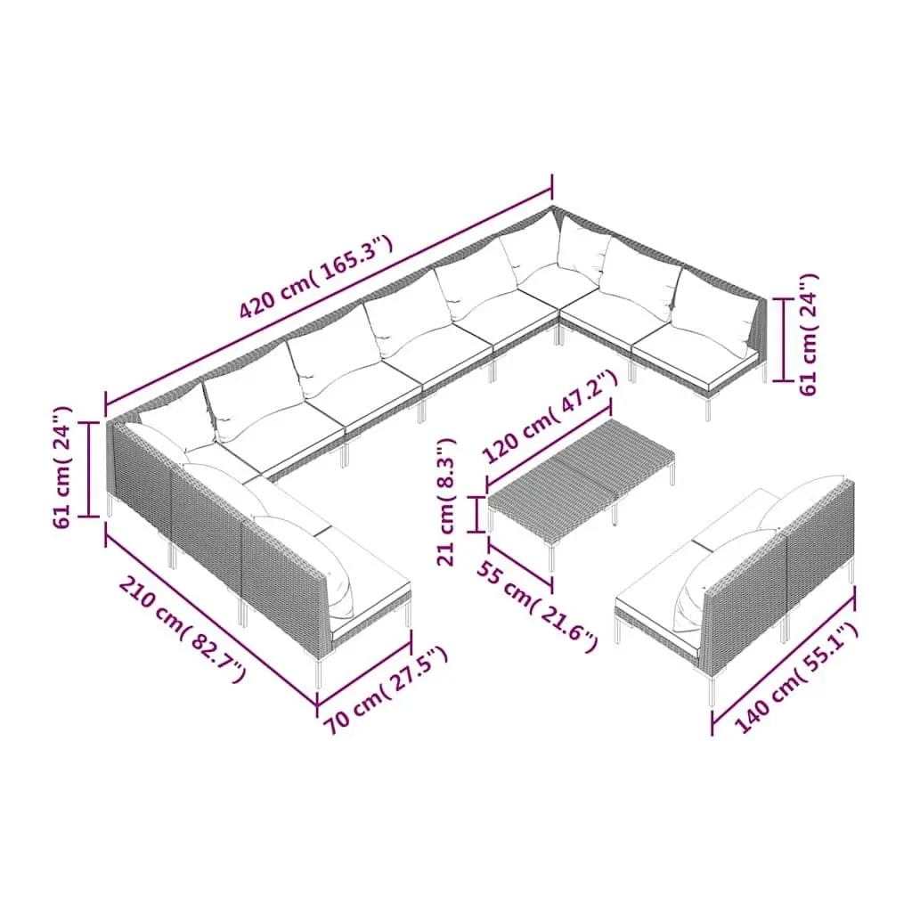Garden Lounge Set 13 Piece Outdoor Furniture with Cushions Rattan Grey Patio