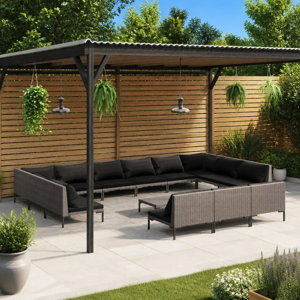 14 Piece Garden Lounge Set Grey Powder-Coated Steel Frame Half-Round PE Rattan Outdoor Furniture with Cushions