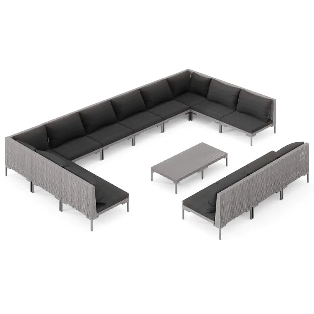 14 Piece Garden Lounge Set Grey Powder-Coated Steel Frame Half-Round PE Rattan Outdoor Furniture with Cushions