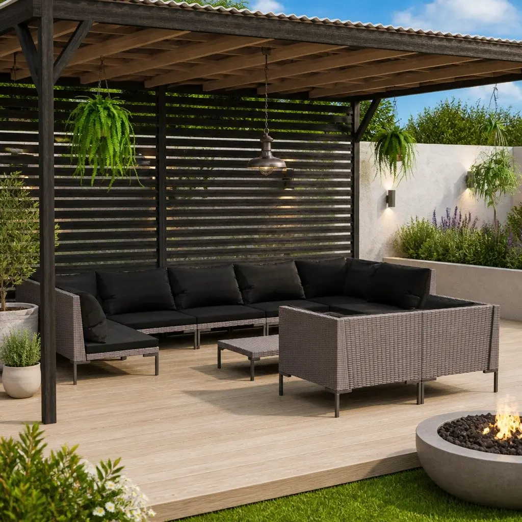Garden Lounge Set Grey 10 Piece Outdoor Furniture Poly Rattan Cushions