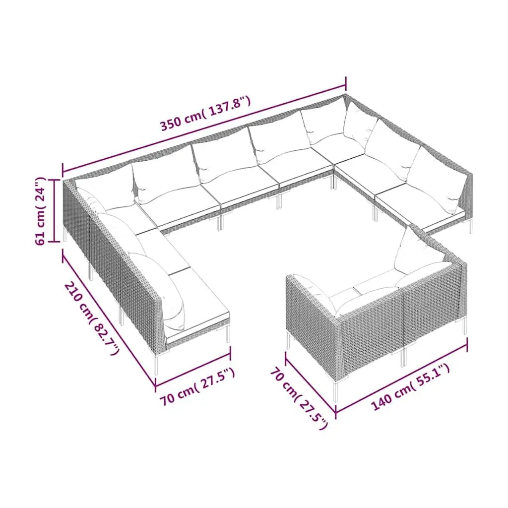 Garden Lounge Set 11 Piece Outdoor Furniture PE Rattan Grey Patio Sofa Cushions