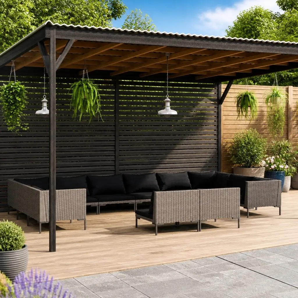 Garden Lounge Set Grey 12 Piece Outdoor Patio Furniture Powder-coated Steel Frame Half-round PE Rattan Removable Cushions