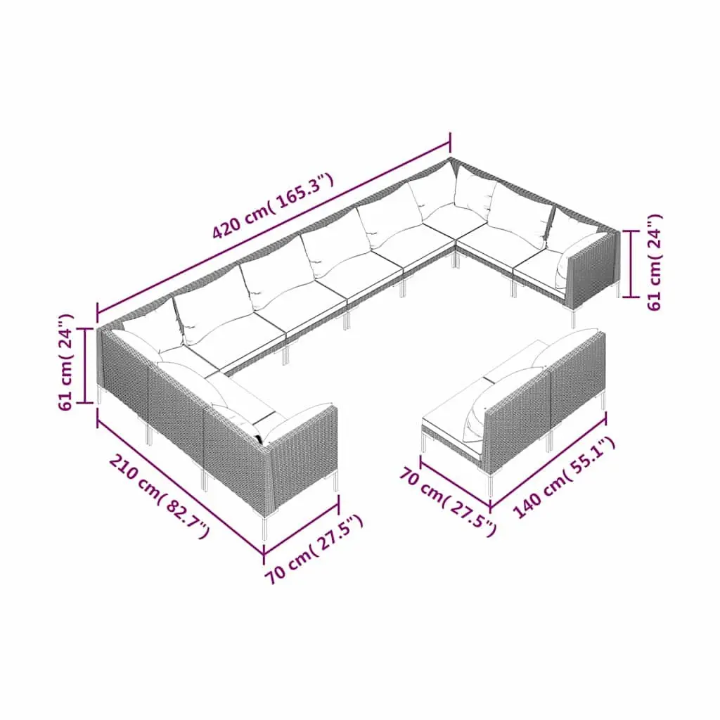 Garden Lounge Set Grey 12 Piece Outdoor Patio Furniture Powder-coated Steel Frame Half-round PE Rattan Removable Cushions