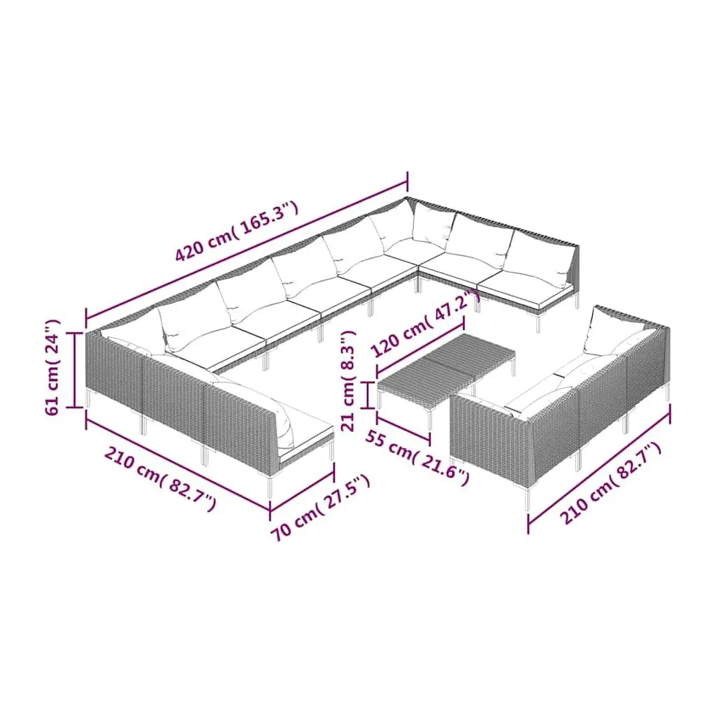 Garden Lounge Set 14 Piece Outdoor Patio Furniture with Cushions Grey Rattan