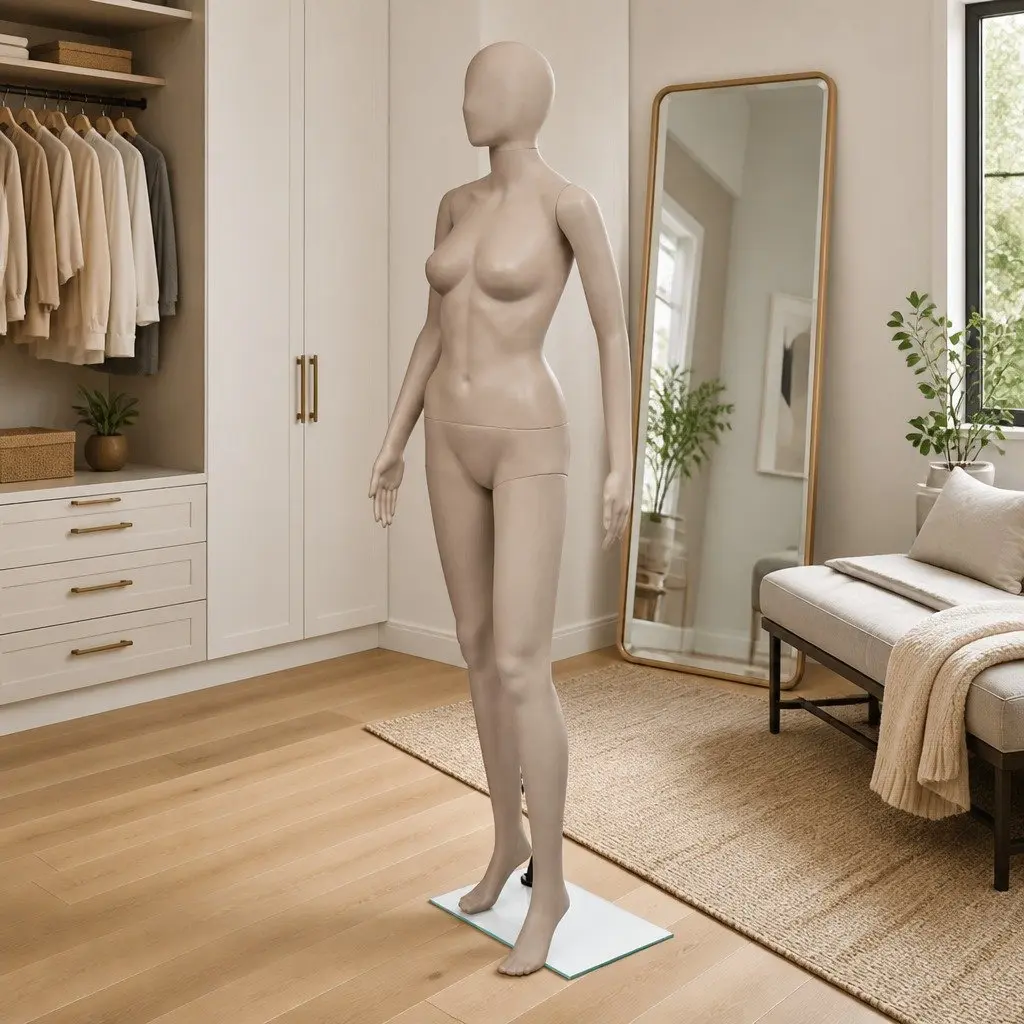 Female Mannequin Beige 6 Piece Articulated Body with Glass Base Stand