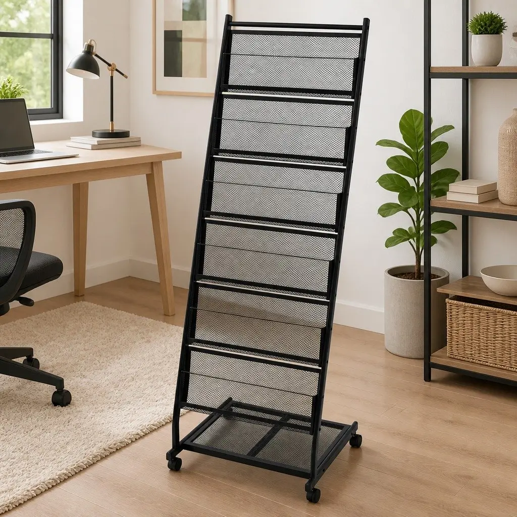 A4 Magazine Rack Display Stand Black with Six Shelves and Castor Wheels 47.5x43x133cm