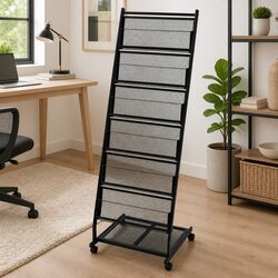 Magazine Rack Black A4 Display Stand Shelf with Castor Wheels 47.5x43x133 cm
