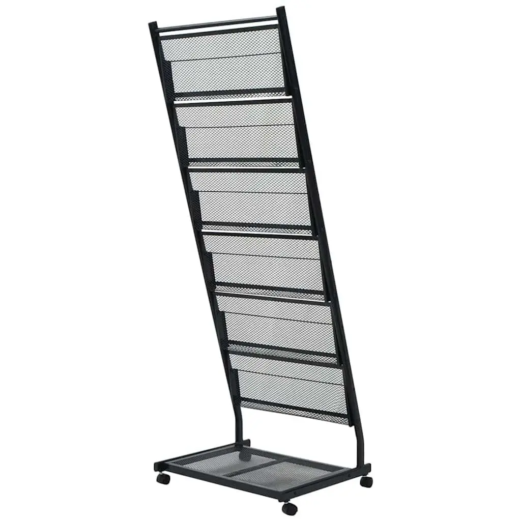 A4 Magazine Rack Display Stand Black with Six Shelves and Castor Wheels 47.5x43x133cm