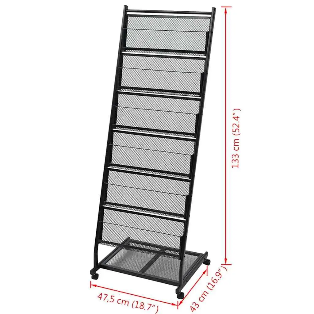 A4 Magazine Rack Display Stand Black with Six Shelves and Castor Wheels 47.5x43x133cm