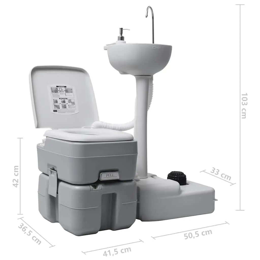Portable Camping Toilet Handwash Stand Set Grey 20 Litre Waste Tank 10 Litre Fresh Water Tank 17 Litre Handwash Station