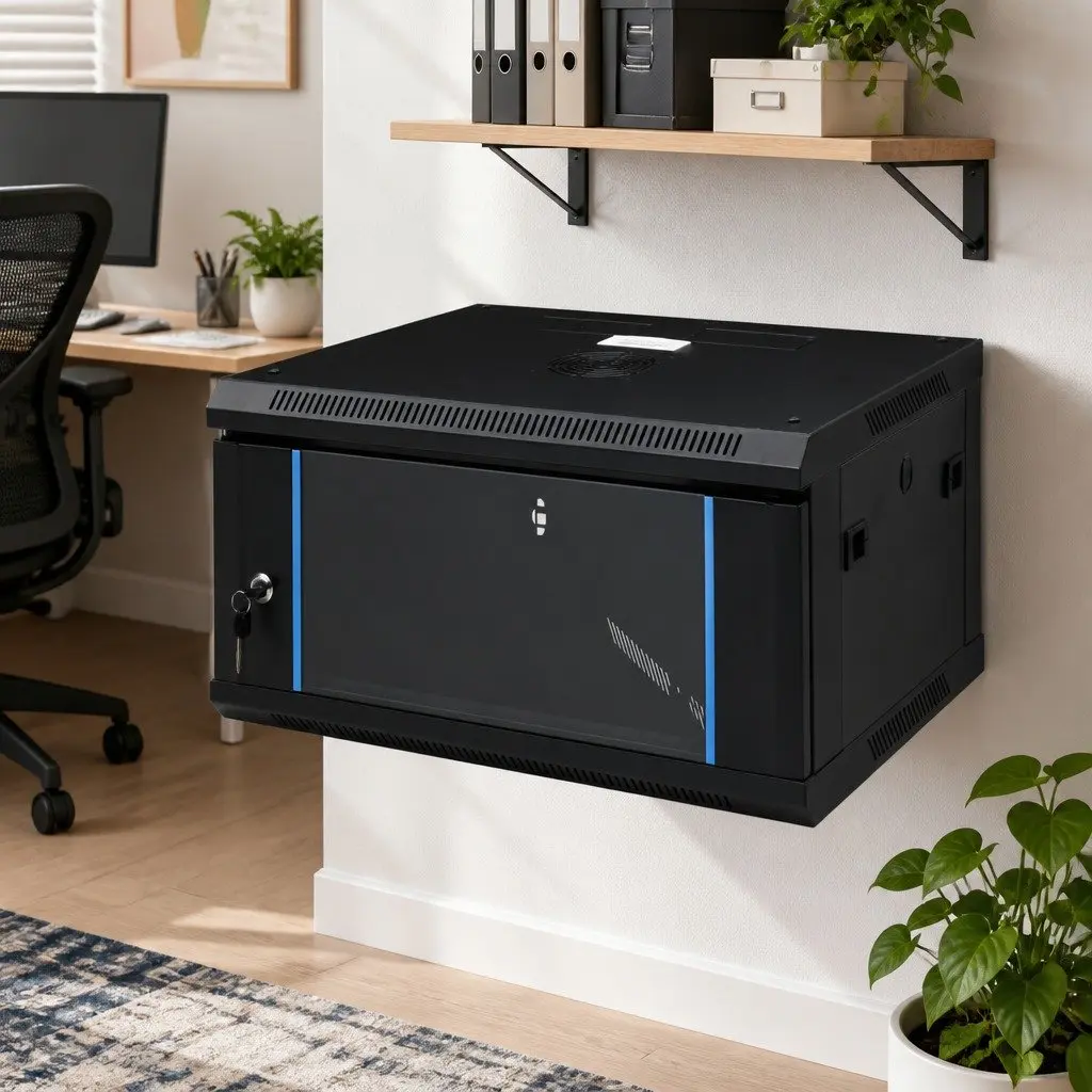 4U Network Cabinet Black 19 Inch Lockable Front Door Removable Side Panels Wall Mounted Storage