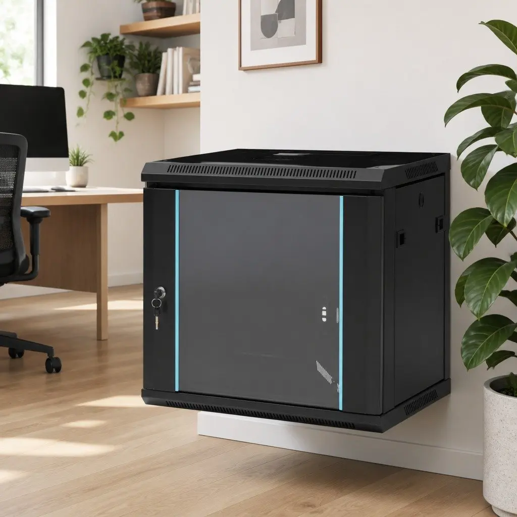 9U Wall Mounted Network Cabinet Black 600x450x510mm Lockable Front Door Removable Side Panels