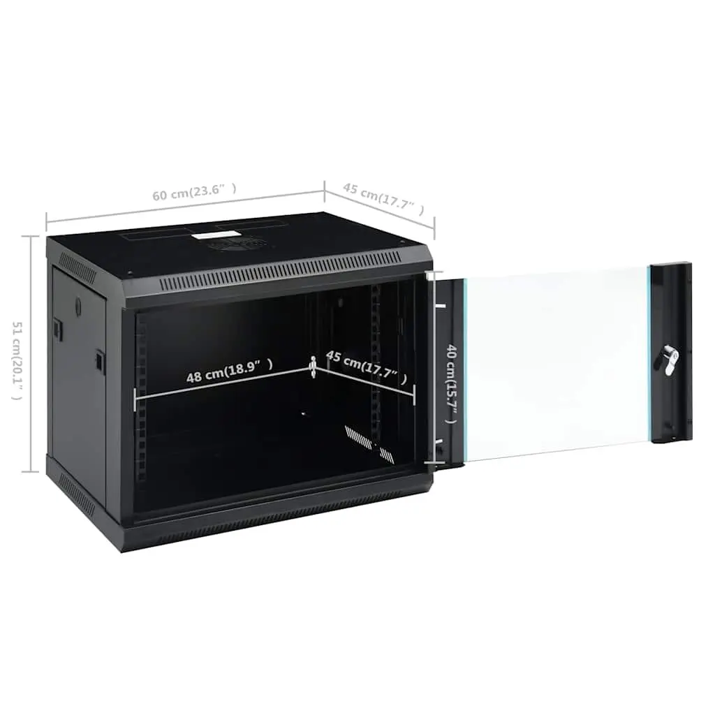 9U Wall Mounted Network Cabinet Black 600x450x510mm Lockable Front Door Removable Side Panels