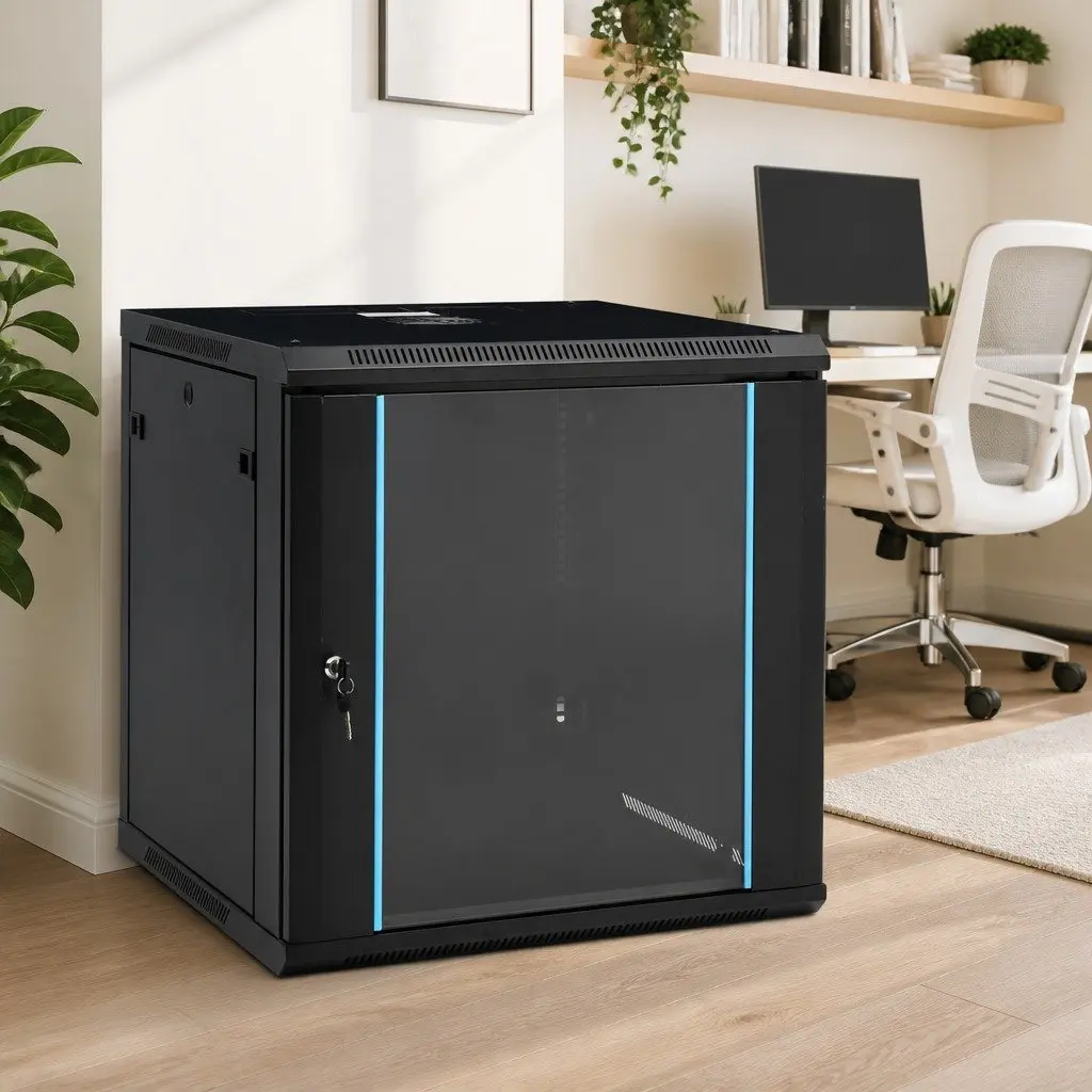 12U Network Cabinet Black 19 Inch Wall Mounted Lockable Front Door Cold Rolled Steel