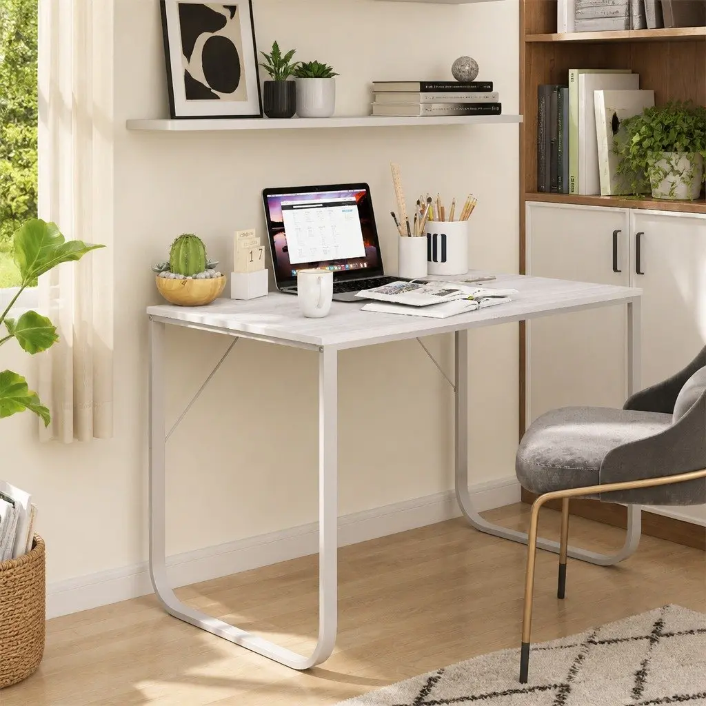Computer Desk White 110x60x73cm Engineered Wood Metal Frame Large Work Surface