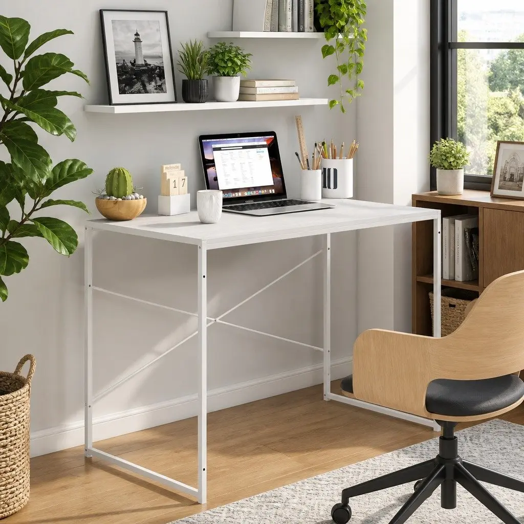 Computer Desk White 110x60x70 cm Engineered Wood Metal Frame Large Working Surface