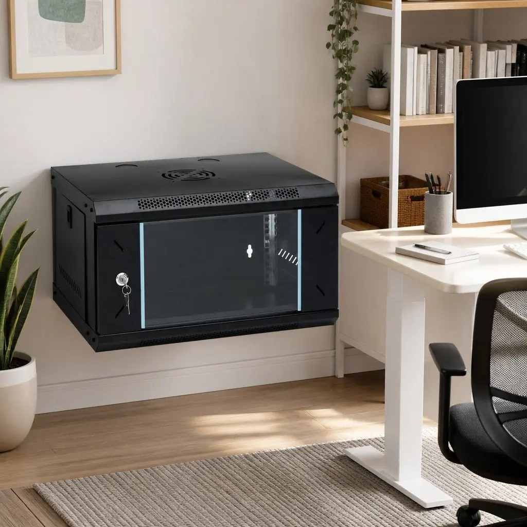 6U Wall Mounted Network Cabinet Black 53x40x30cm Lockable Server Rack