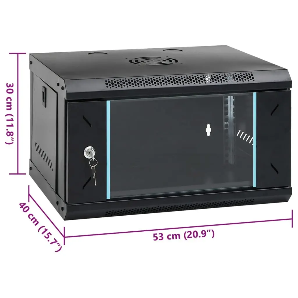 6U Wall Mounted Network Cabinet Black 53x40x30cm Lockable Server Rack