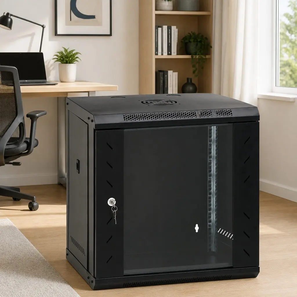 12U Wall Mounted Network Cabinet Black 53x40x60cm Lockable Front Door Removable Side Panels