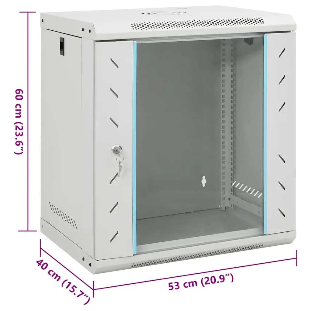 12U Wall Mounted Network Cabinet Grey 53x40x60cm Lockable Front Door Removable Side Panels