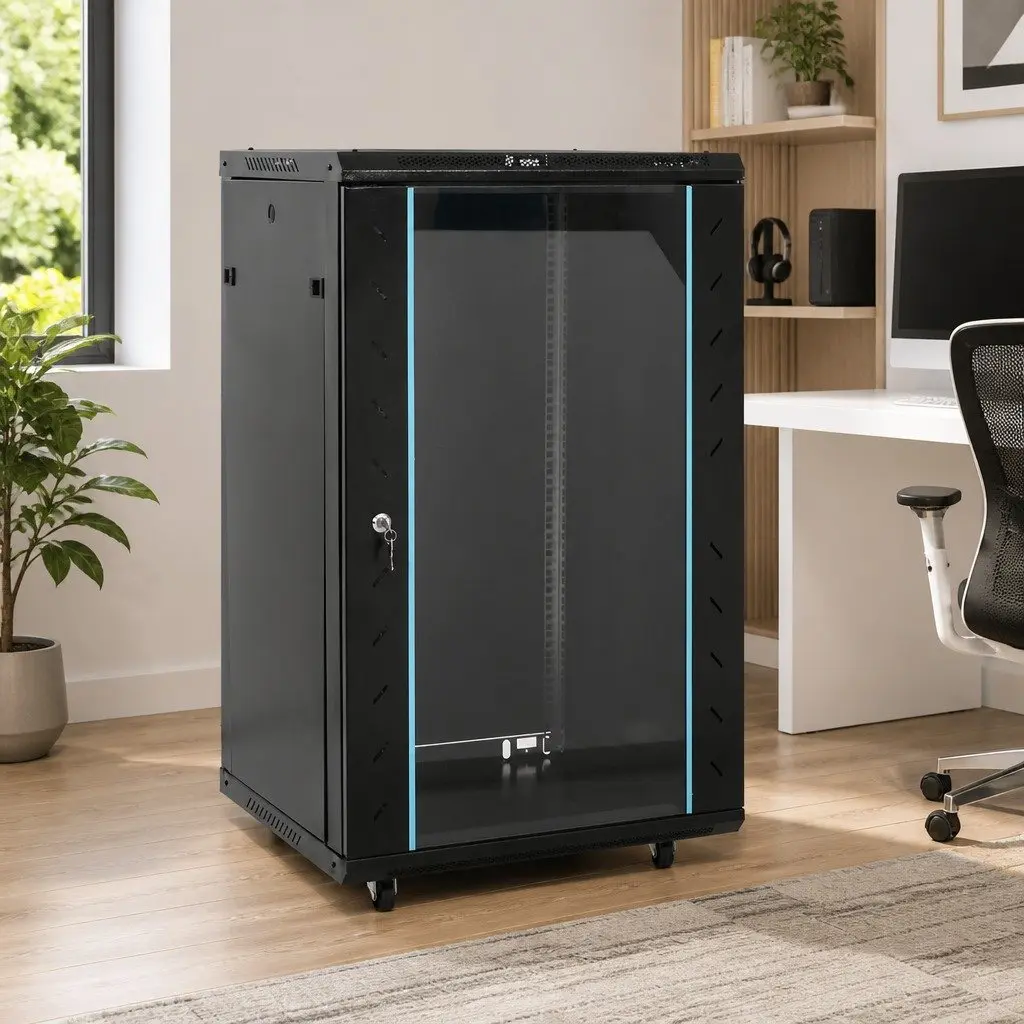 18U Network Cabinet Black 19 Inch Rack Mount Storage System Swivel Feet