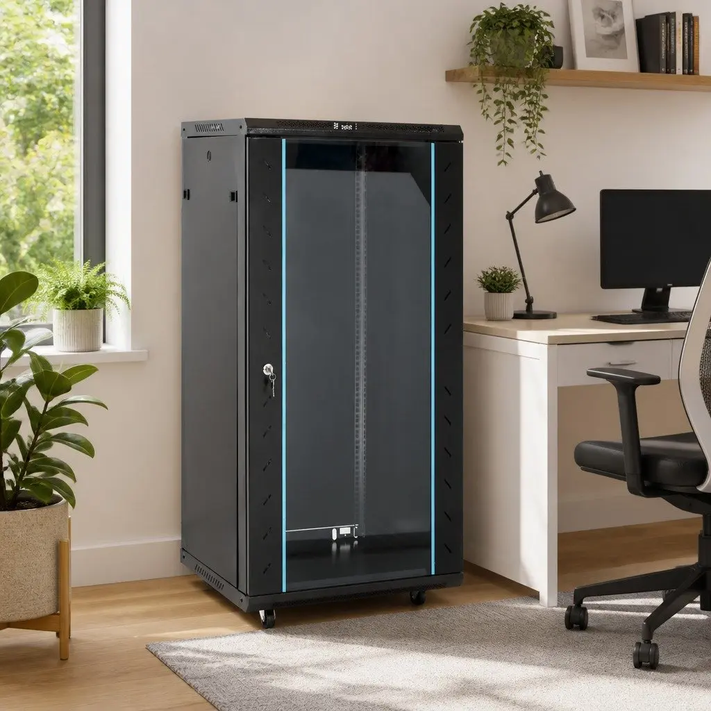 22U Network Cabinet Black 19 Inch Rack Mount Lockable Door Swivel Feet