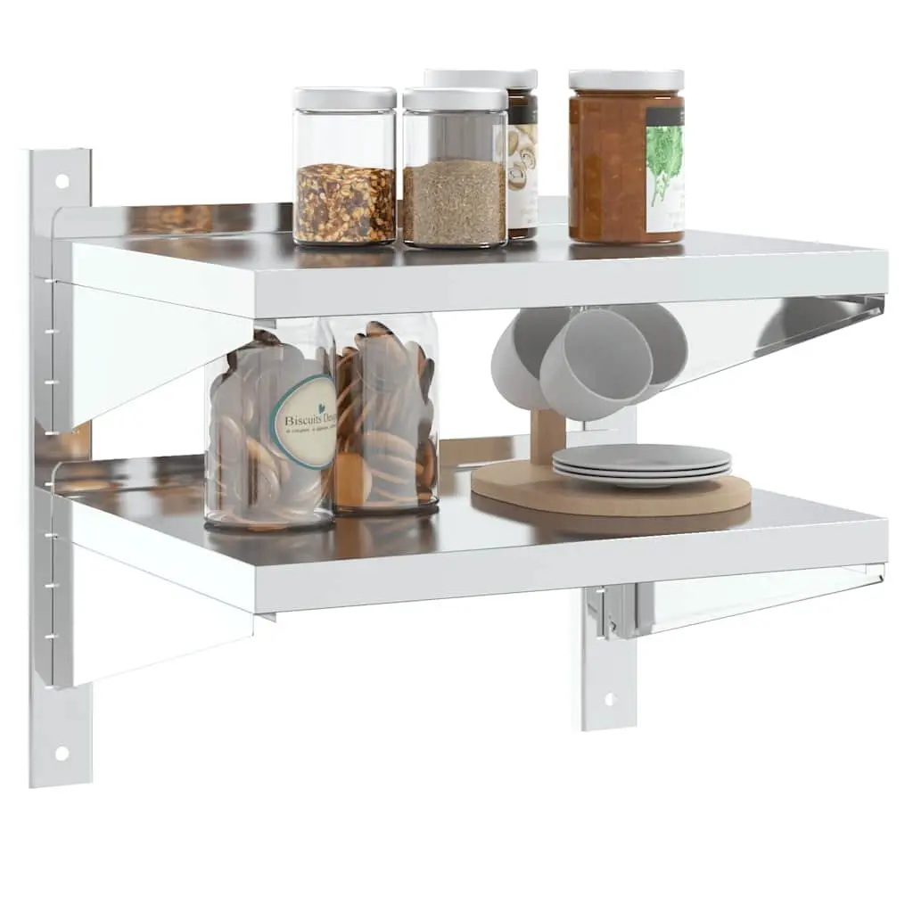2-Tier Wall Shelf Silver Stainless Steel Floating Storage Kitchen Bathroom