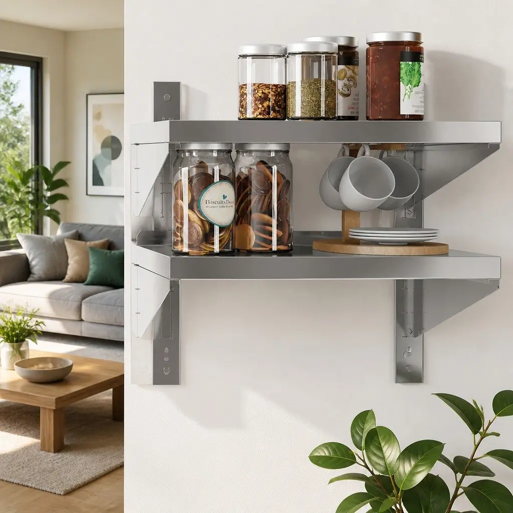 2-Tier Wall Shelf Silver Stainless Steel Floating Storage Shelving Unit