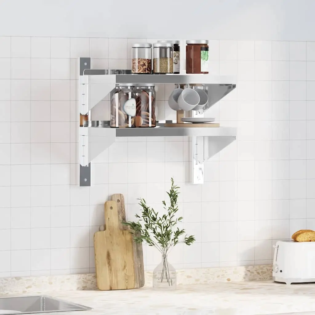 2-Tier Wall Shelf Silver Stainless Steel Floating Storage Shelving Unit