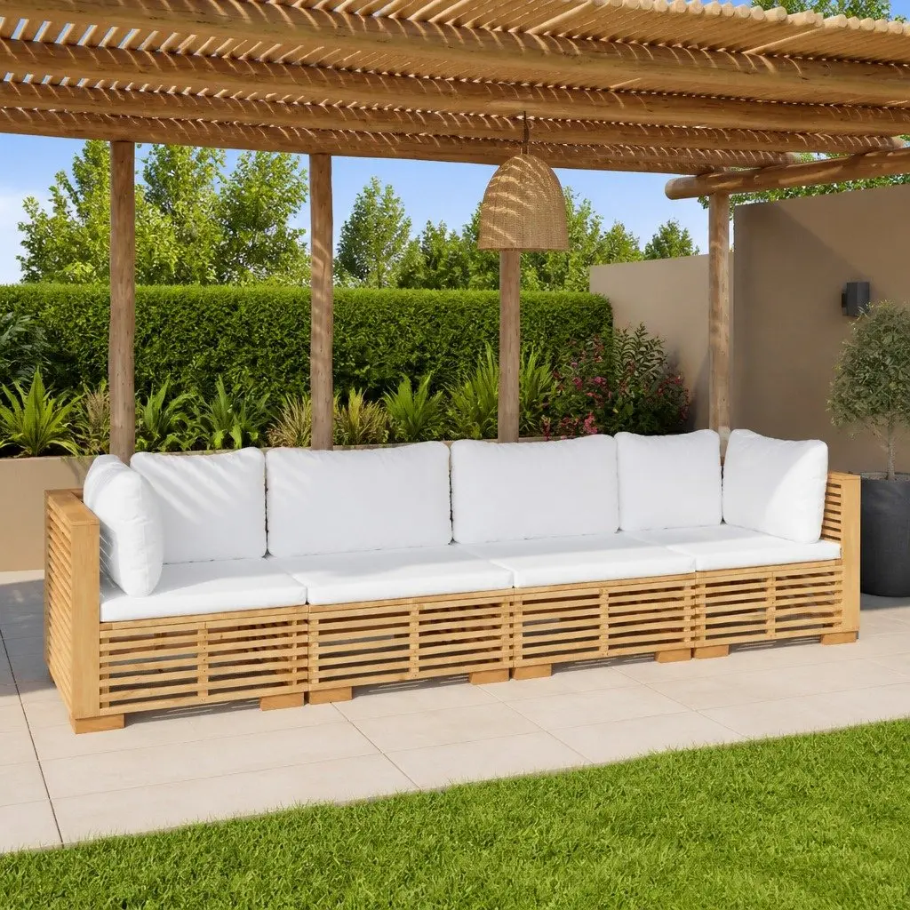 4 Piece Garden Lounge Set Brown Solid Teak Wood Cushions Outdoor Furniture