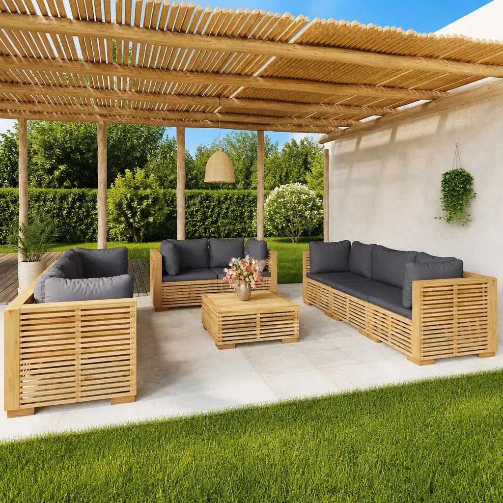 Garden Lounge Set Brown 9 Piece Outdoor Furniture Teak Wood with Cushions
