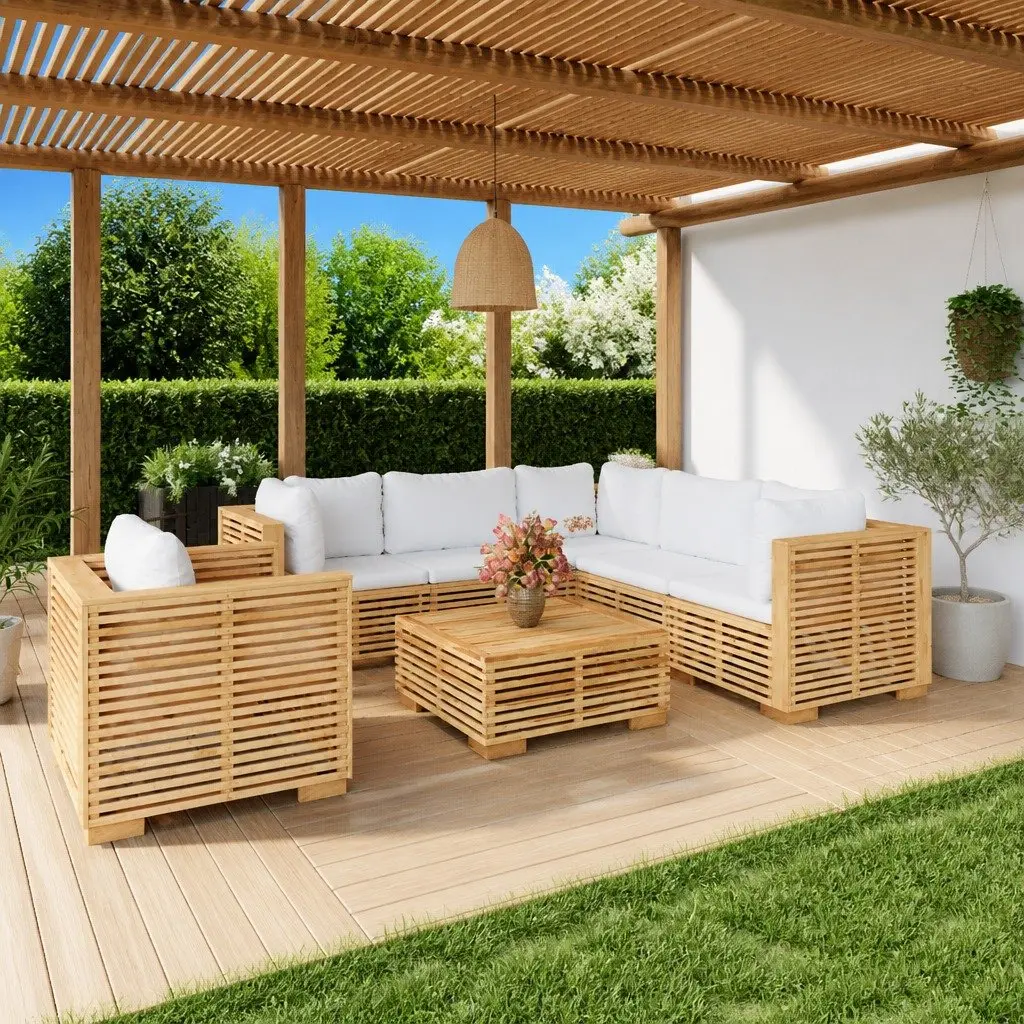 Garden Lounge Set Brown 7 Piece Solid Wood with Cushions