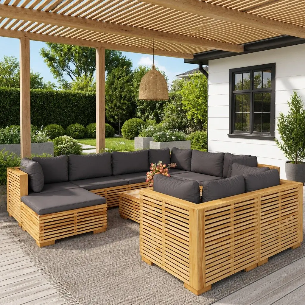 10 Piece Garden Lounge Set Brown Solid Teak Wood Outdoor Furniture with Cushions