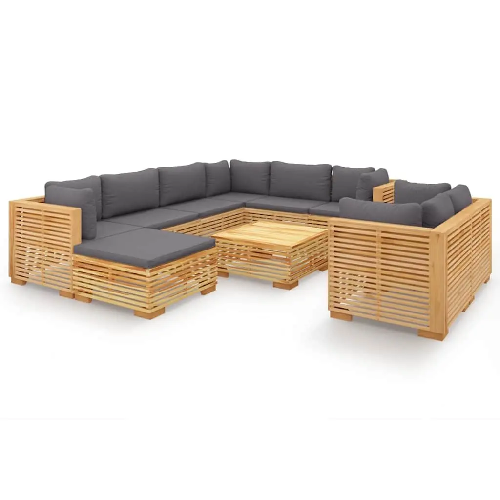 10 Piece Garden Lounge Set Brown Solid Teak Wood Outdoor Furniture with Cushions