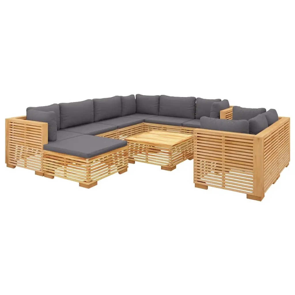 10 Piece Garden Lounge Set Brown Solid Teak Wood Outdoor Furniture with Cushions