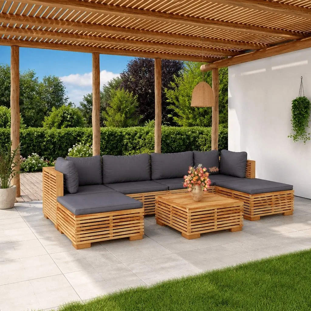 Garden Lounge Set 7 Piece Outdoor Furniture with Cushions Teak Wood Seating