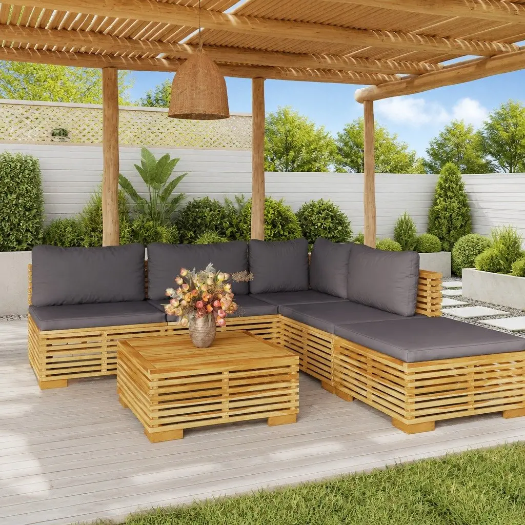 Garden Lounge Set Brown 6 Piece Outdoor Furniture Teak Wood with Cushions