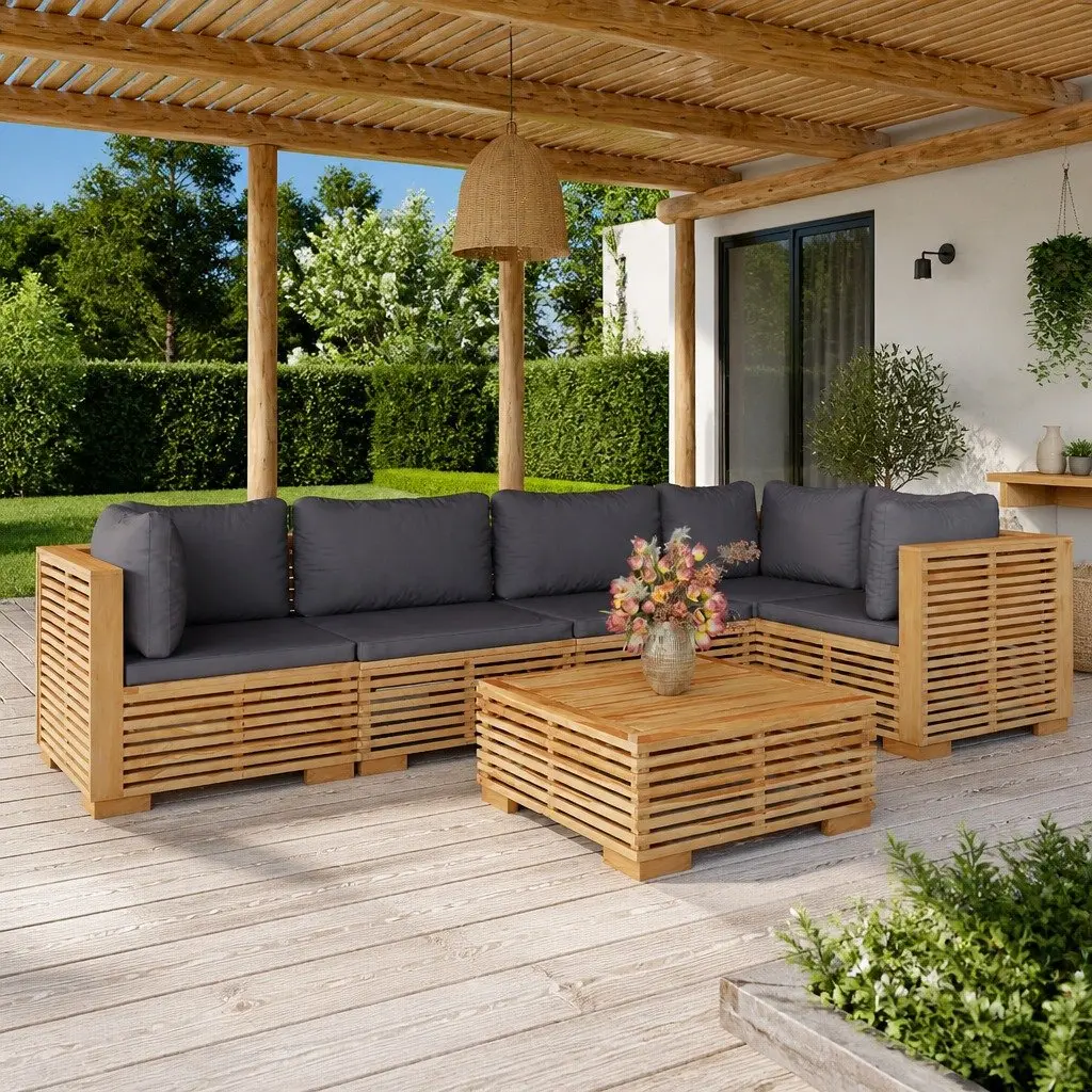 Garden Lounge Set Brown 6 Piece Outdoor Furniture Teak Wood with Cushions