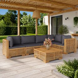 6-Piece Outdoor Lounge Set in Brown Teak with Cushions