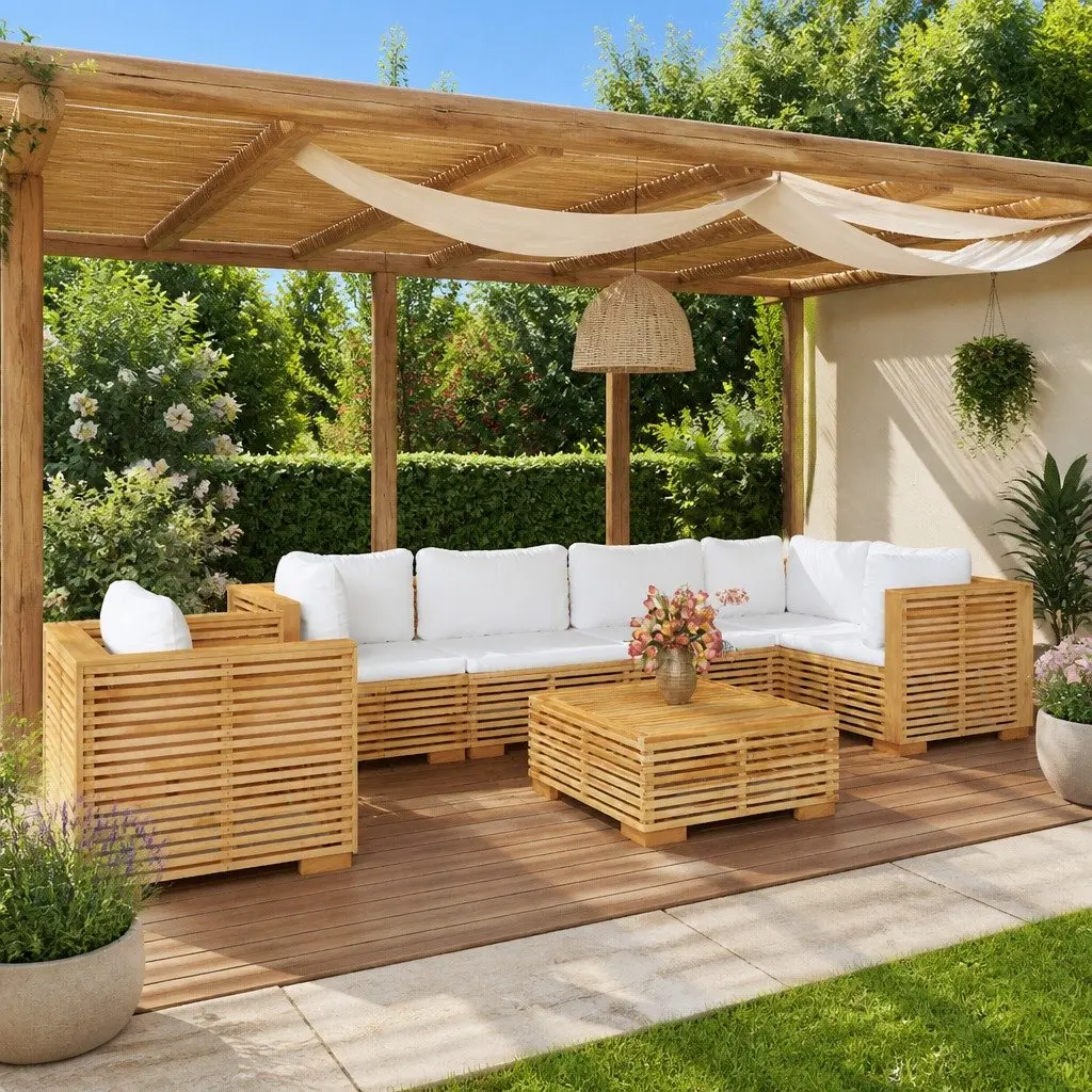 7 Piece Garden Lounge Set Brown Solid Teak Wood Cushions
