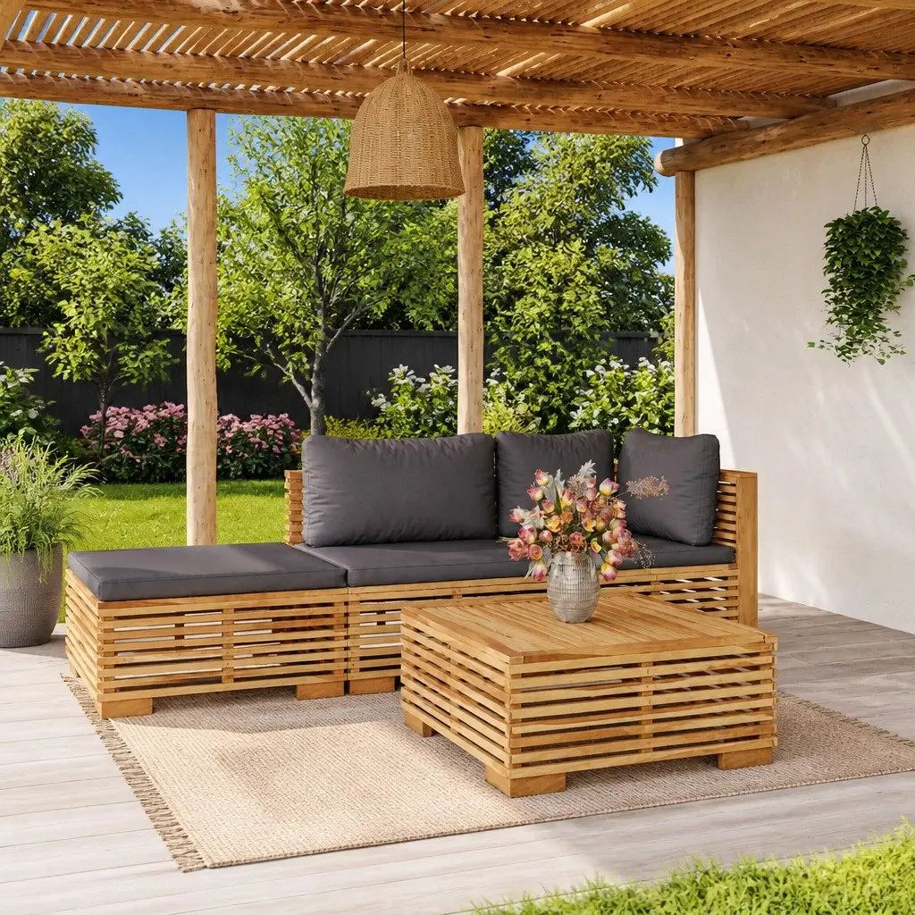 Garden Lounge Set Brown 4 Piece Solid Wood Outdoor Furniture with Cushions