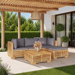 5 Piece Garden Lounge Set with Cushions Outdoor Furniture Solid Wood Teak Brown