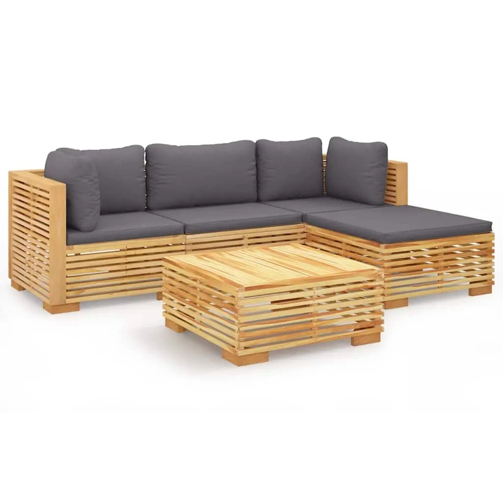 5 Piece Garden Lounge Set Brown Solid Wood Teak Cushions